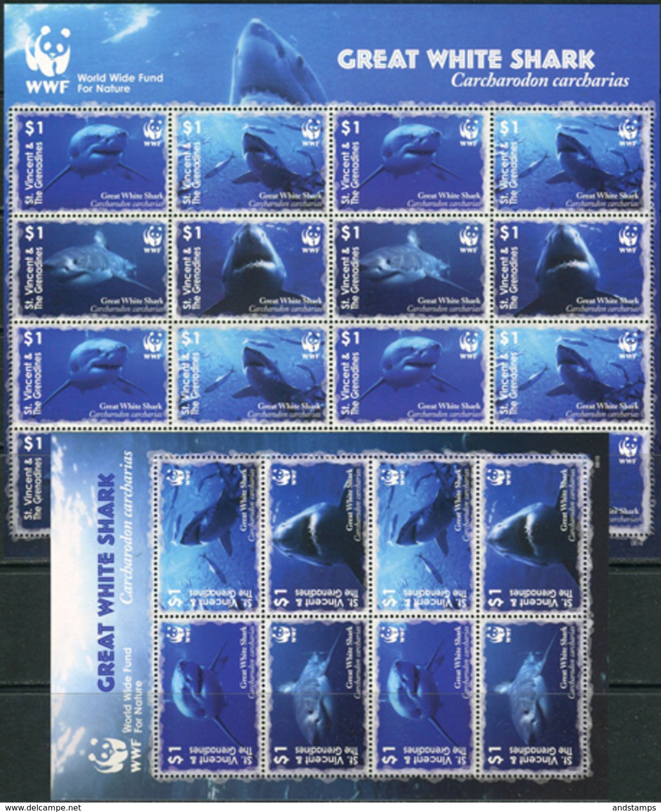 St. Vincent Of Grenadines 2006. Michel #6282/85 MNH/Luxe. 2 Klb. WWF. Great White Shark. (Ts55) - Unused Stamps