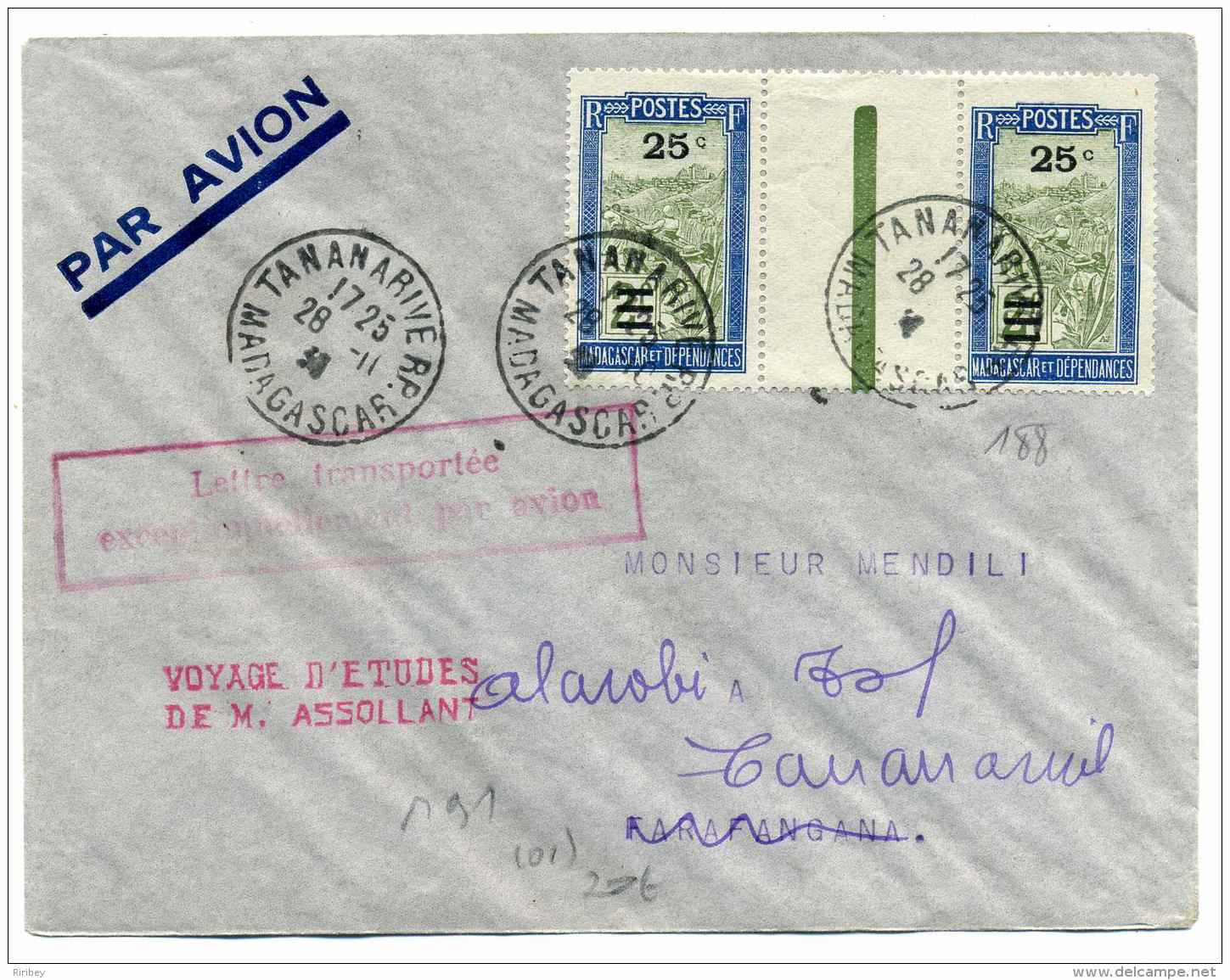 Lettre PAR AVION De TANANARIVE / 28 Nov 1936 / Voyage D'étude De M Assllant - Poste Aérienne