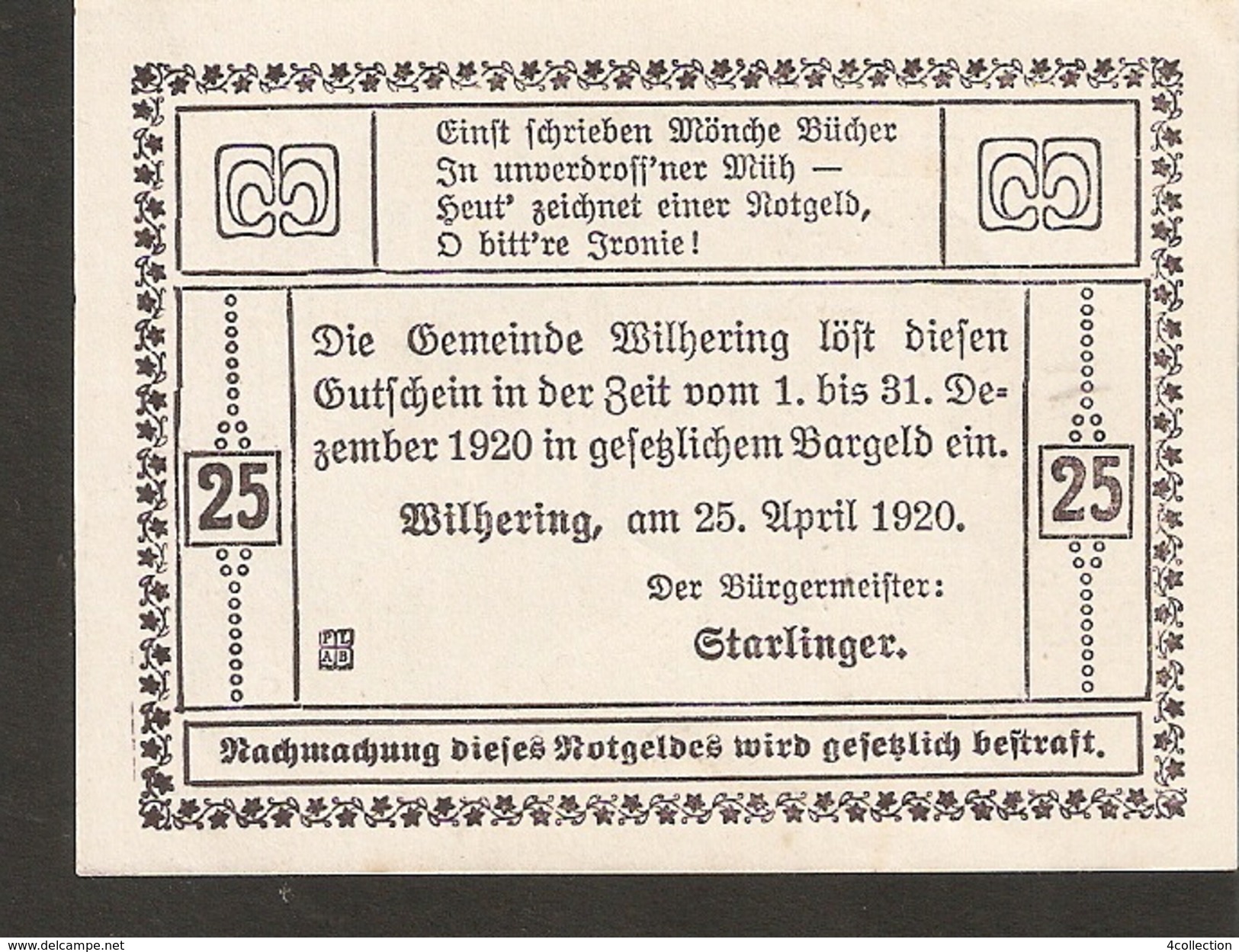 P56-10. Austria Die Gemeinde WILHERING 25 Heller 1920 Austrian Notgeld Padalbero Marschaller - Autriche