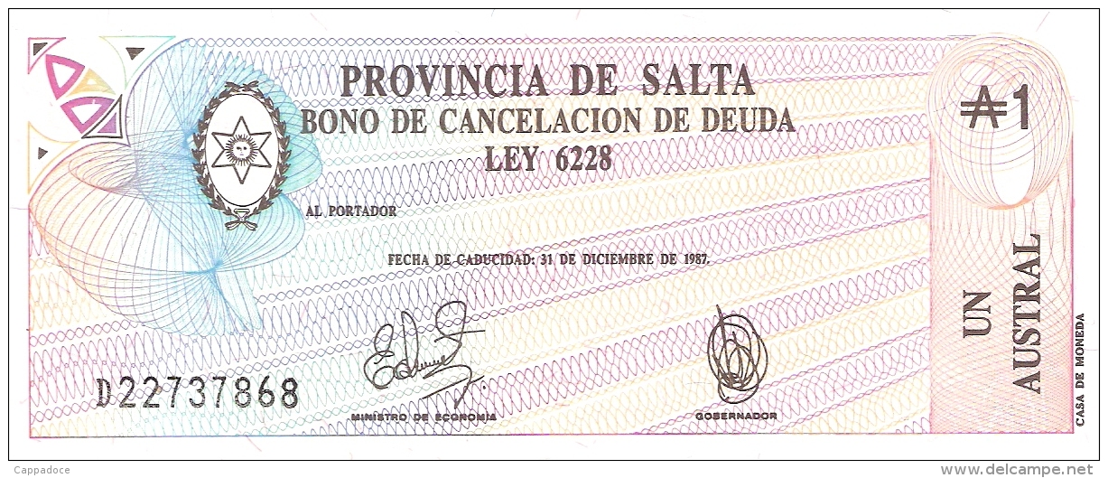 ARGENTINE   Provincia De SALTA   1 Australes   31/12/1987   P. S 2612e   UNC - Argentinië