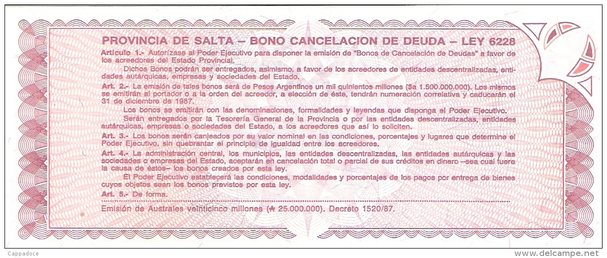 ARGENTINE   Provincia De SALTA   1 Australes   31/12/1987   P. S 2612e   UNC - Argentinië