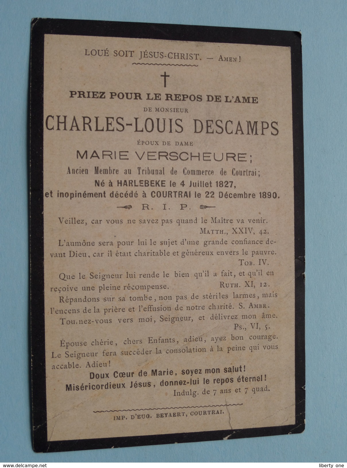 DP Charles-Louis DECAMPS ( Marie Verscheure ) HARLEBEKE 4 Jul 1827 - Courtrai 22 Déc 1890 ( Gekreukt / Zie Foto´s) ! - Religione & Esoterismo