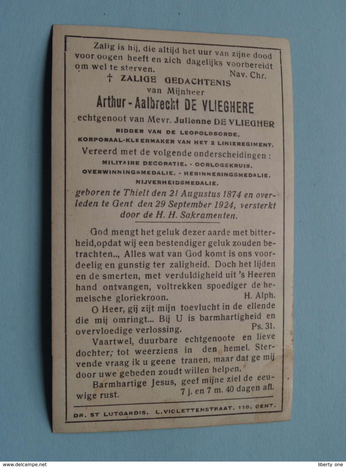 DP Arthur-Aalbrecht DE VLIEGHERE ( De Vliegher ) Thielt 21 Aug 1874 - Gent 29 Sept 1924 ( Zie Foto´s) ! - Religion & Esotérisme