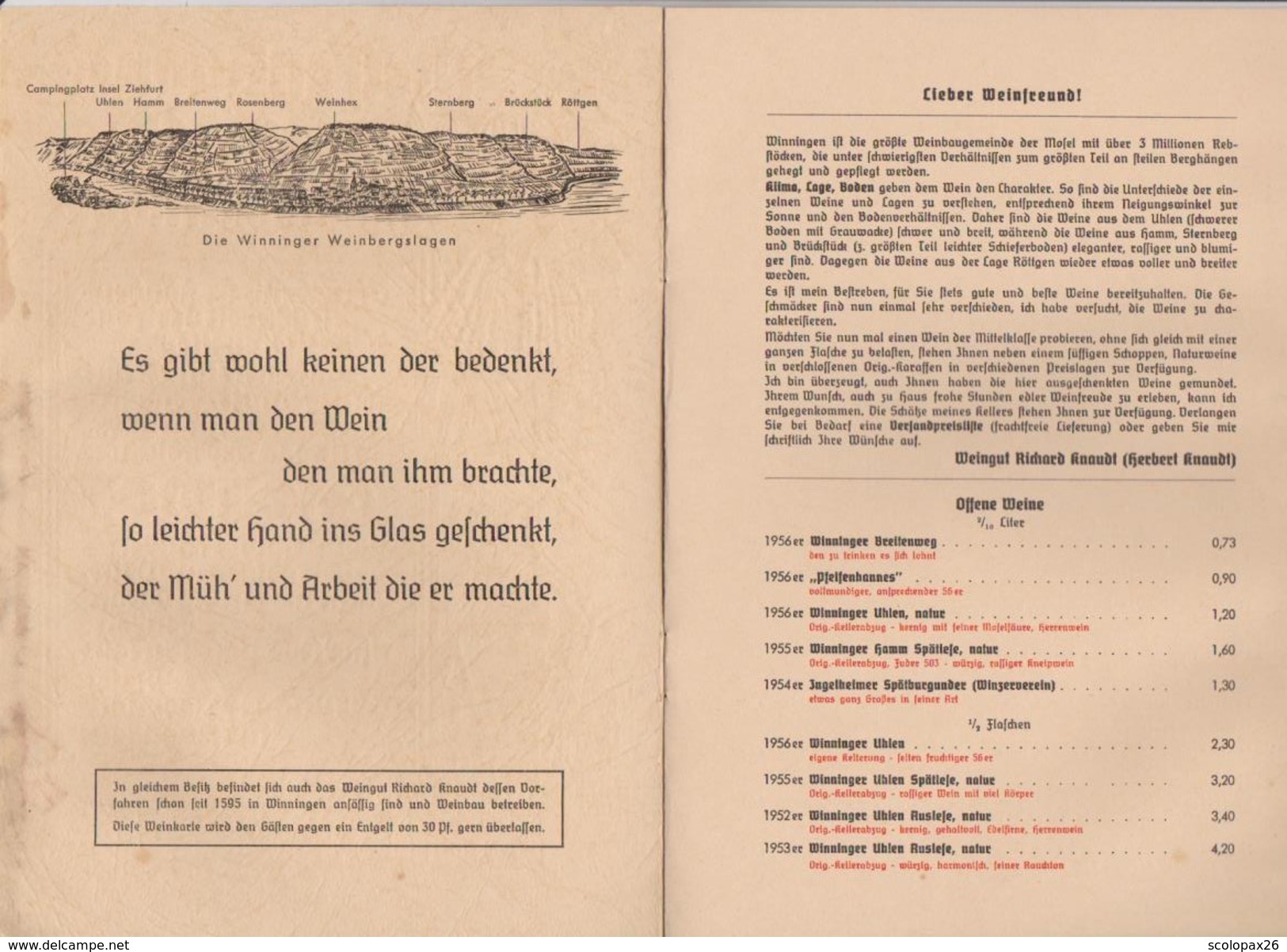 Carte Des Vins Du Restaurant Motel Pfeifenhannes Keller Winningen De 1956 Allemagne Deutschland - Alimentaire