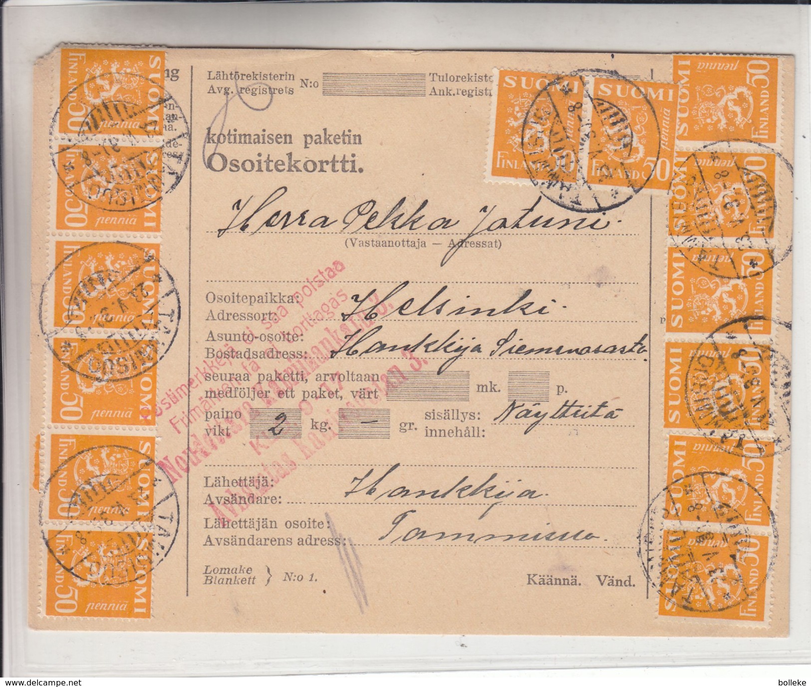 Finlande - Document De 1930 - Oblit Tammisuo - Exp Vers Helsinki - Voir Cachet Rouge - Briefe U. Dokumente