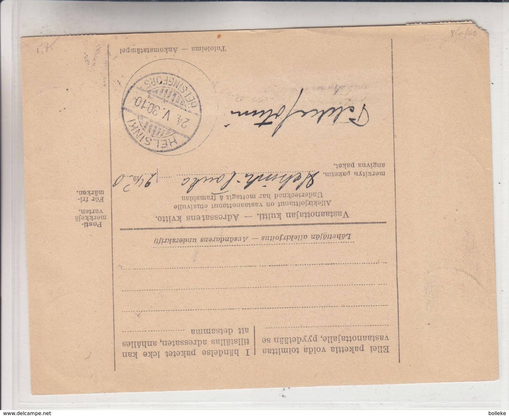 Finlande - Document De 1930 - Oblit Tammisuo - Exp Vers Helsinki - Voir Cachet Rouge - Briefe U. Dokumente