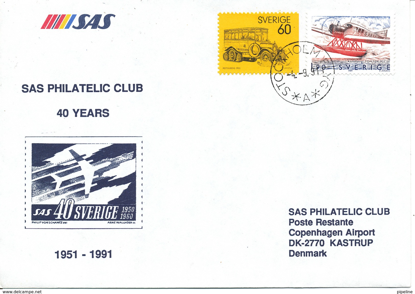 Sweden Cover SAS Philatelic Club 40 Years Anniversary Special Postmark Stockholmflyg 4-9-1991 - Covers & Documents