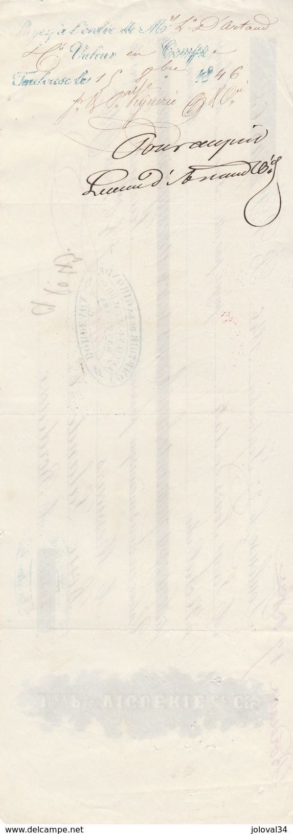 Lettre Change 27/9/1846 VIGUERIE  TOULOUSE Haute Garonne Pour Boué Lalande Vins Bordeaux Gironde - Lettres De Change