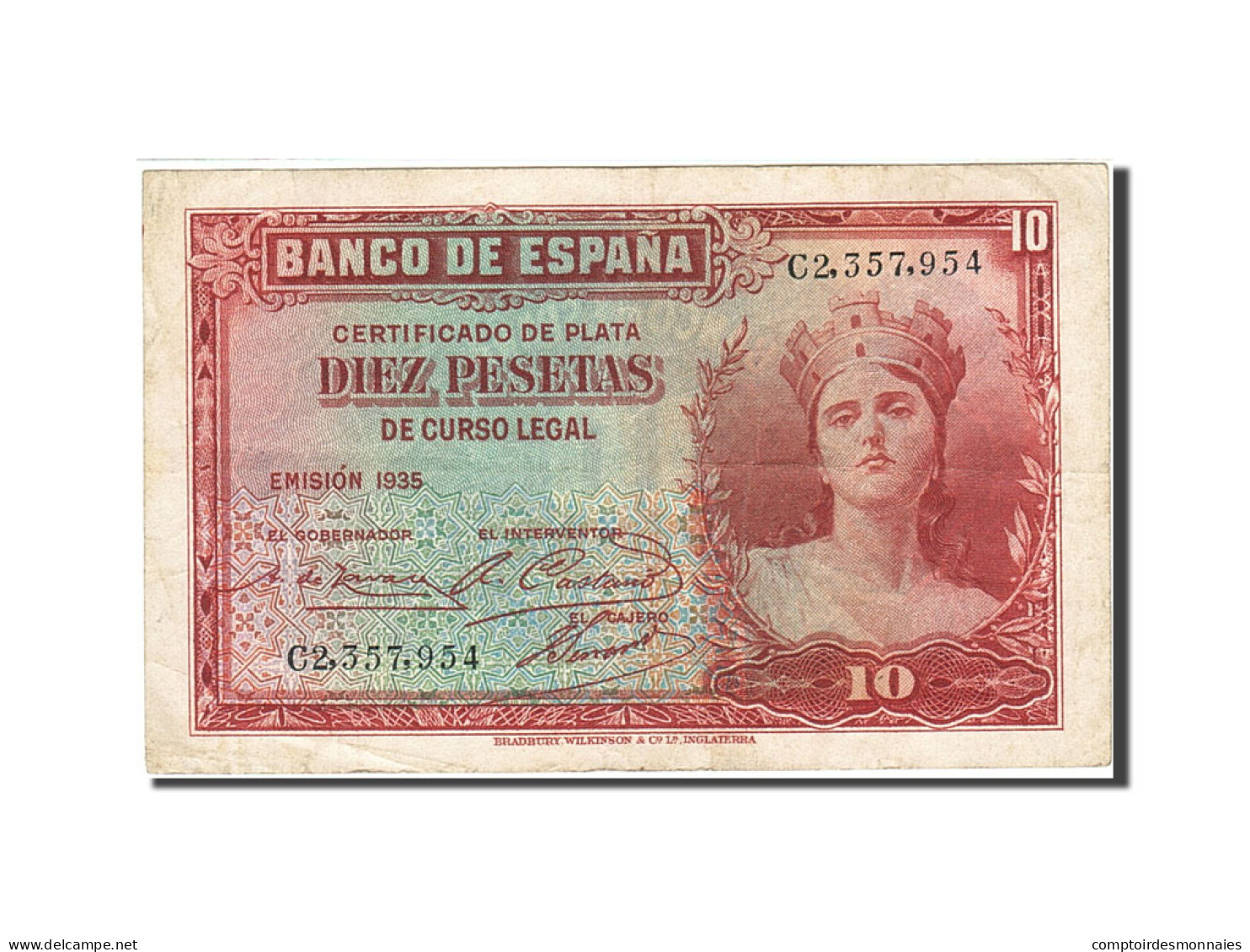 Billet, Espagne, 10 Pesetas, 1935, 1935, KM:86a, TTB - 10 Pesetas