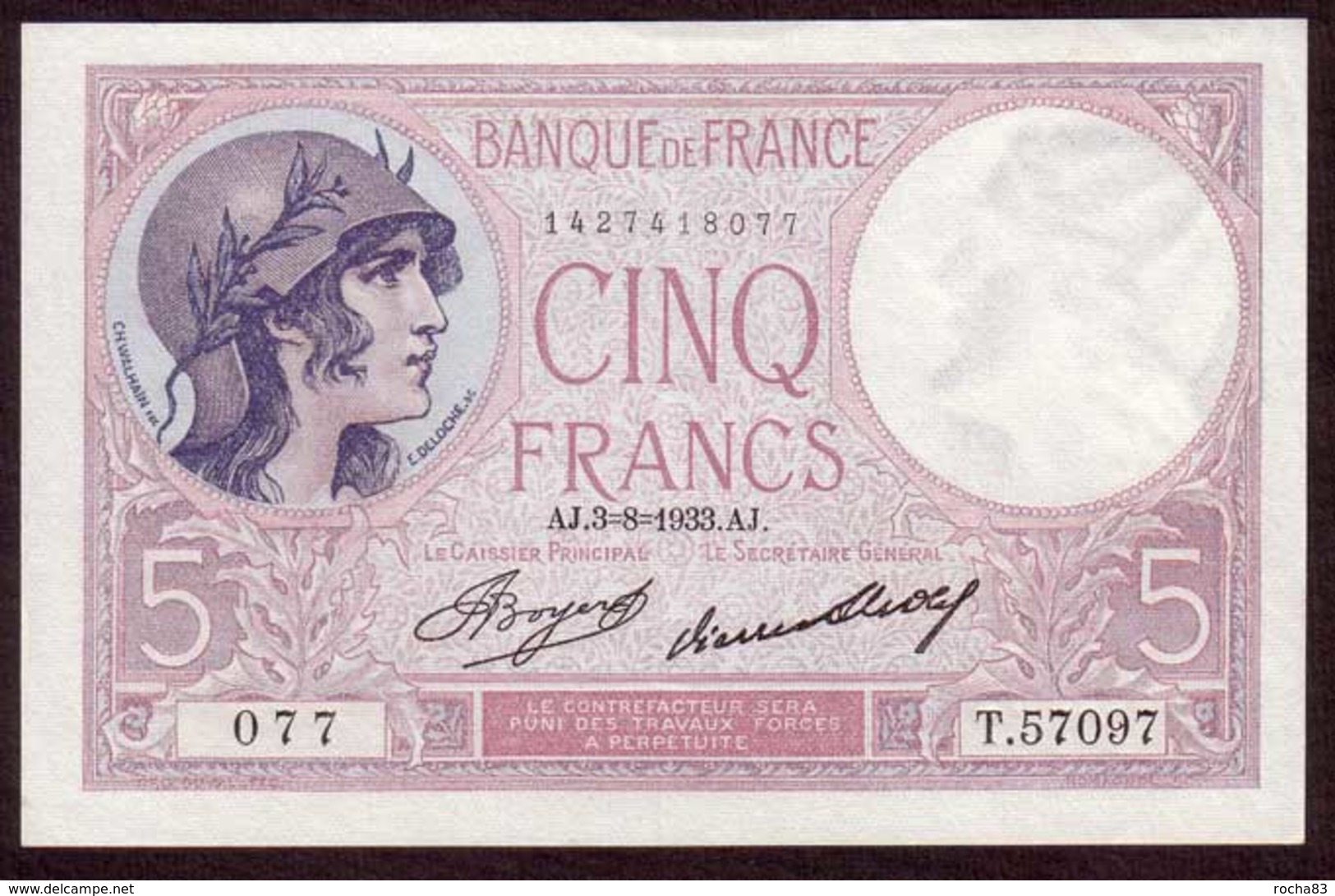 Billet - 5 Francs VIOLET Du 03 08 1933 UNC - 5 F 1917-1940 ''Violet''