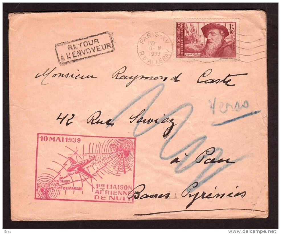 1939 - Enveloppe 1ère Liaison Aérienne De Nuit - Retour à L'envoyeur - Chennevières Sur Marne - 1960-.... Briefe & Dokumente