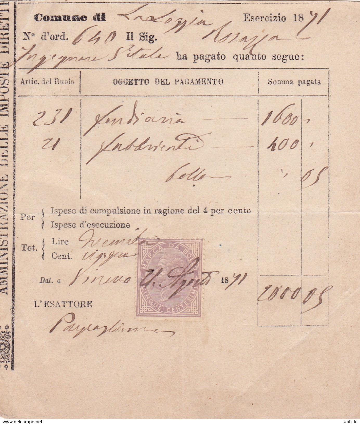 Steuerbeleg 1871 Mit Marca Da Bollo (i051) - Sonstige & Ohne Zuordnung