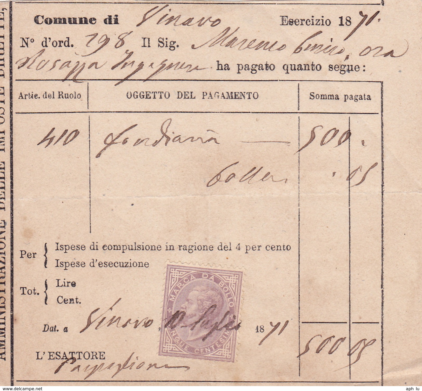Steuerbeleg 1871 Mit Marca Da Bollo (i052) - Autres & Non Classés