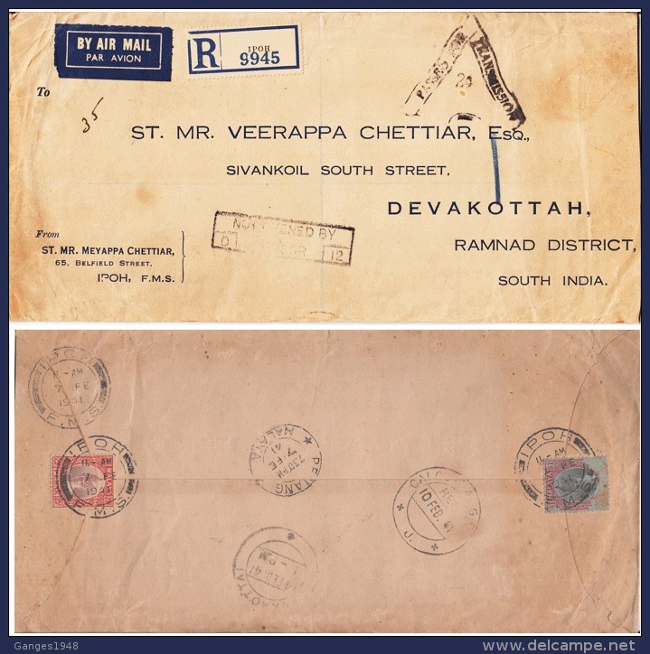 Malaya  Perak  1941    Despatch &amp; Arrival Censors  Marks   Cover To India  # 94361 Inde Indi - Perak