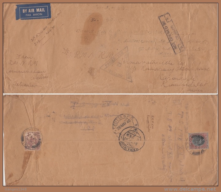 Malaya  Perak  1940    Despatch &amp; Arrival Censors  Cover To India  # 94234  Inde Indi - Perak