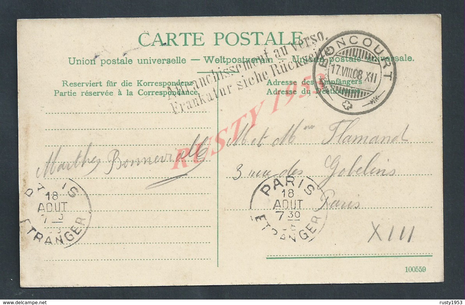 SUISSE CPA OUCHY LE CHATEAU CACHET BONCOURT 1908 POUR OB PARIS ETRANGER : - Court