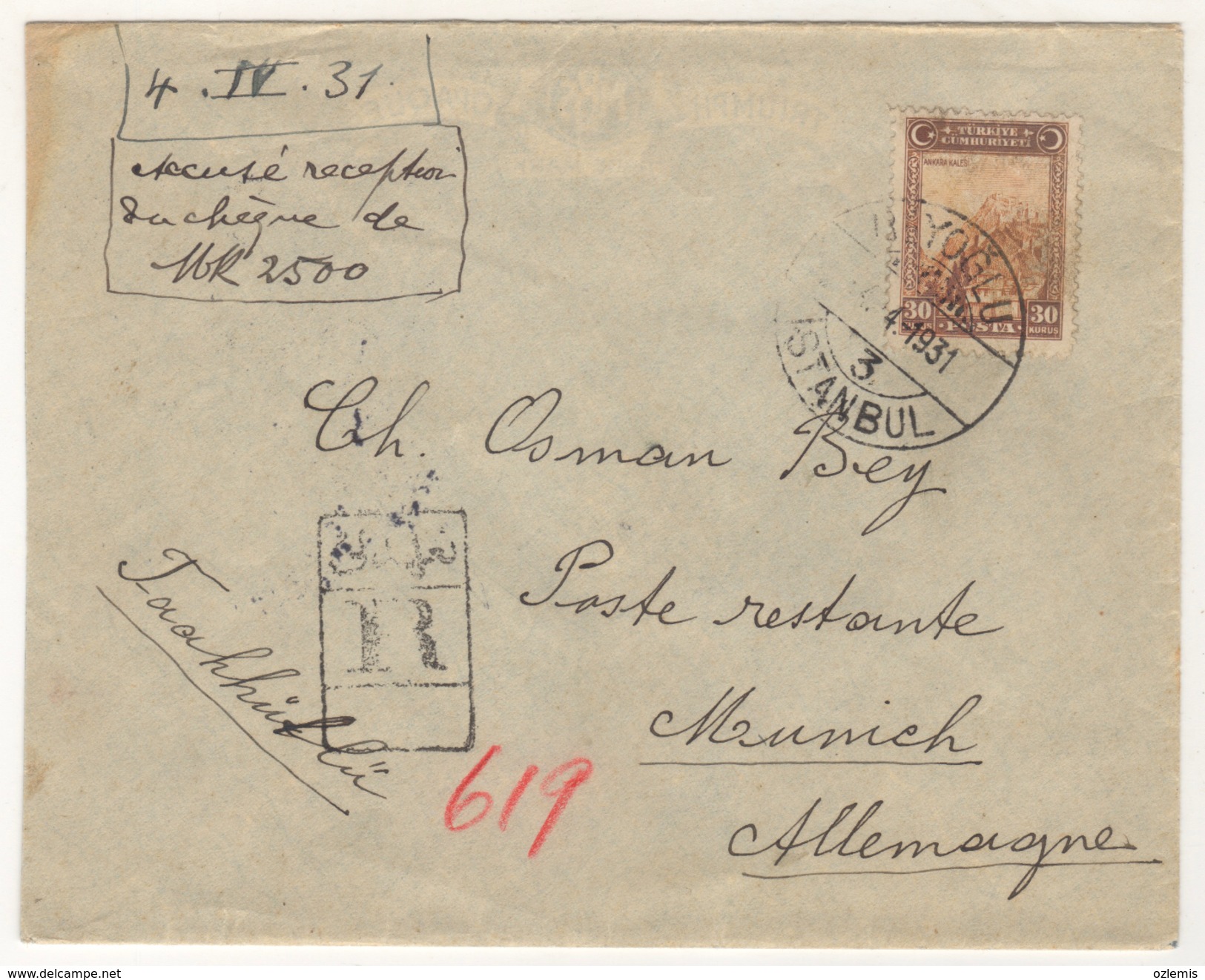 TURQUIE,TURKEI TURKEY,  TURKEY ISTANBUL BEYOGLU TO GERMANY MUNCHEN 1931  COVER - Brieven En Documenten