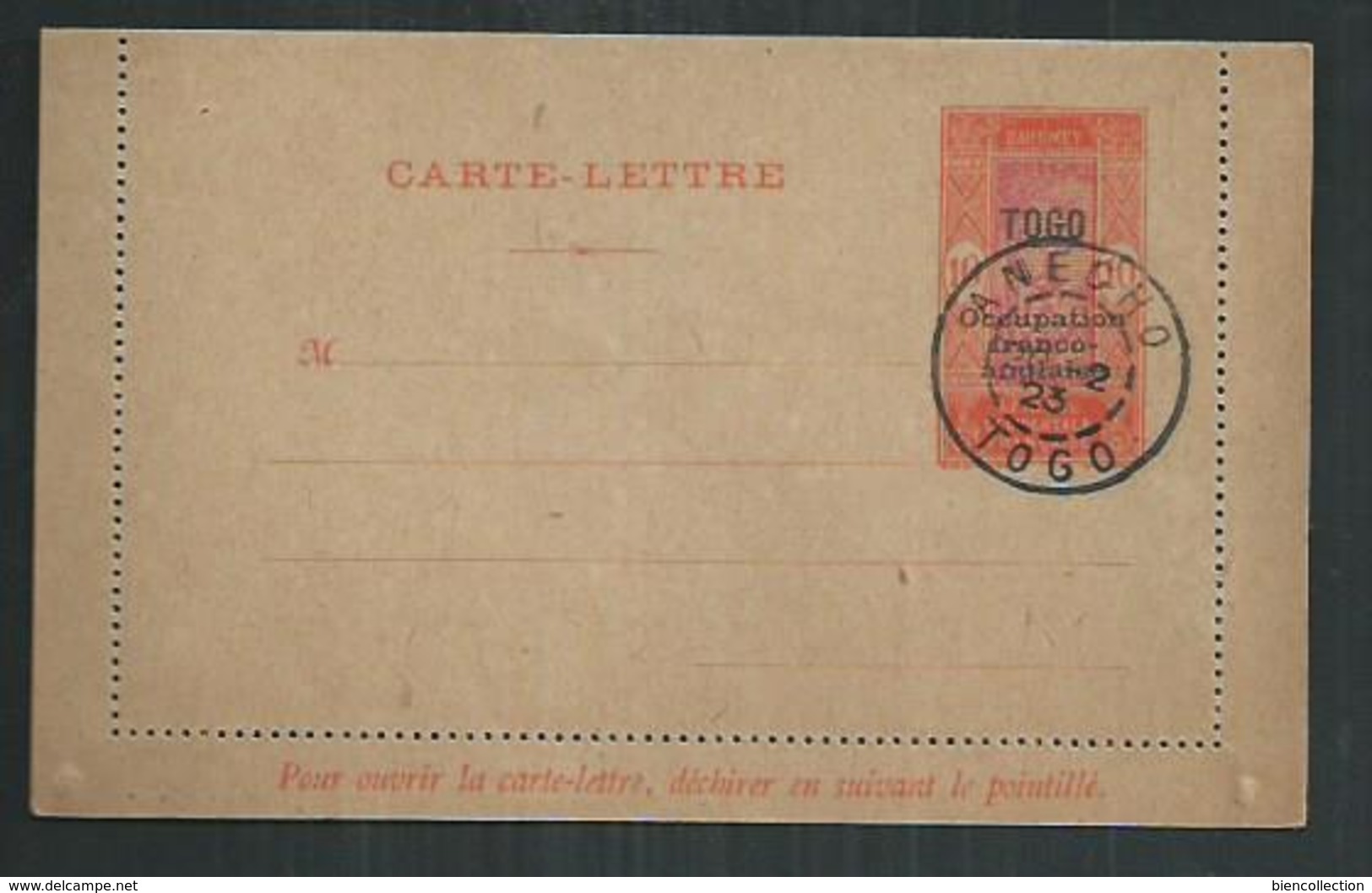 Togo. Entier Postal CL1:  Type Indigène Surchargé "occupation Franco-Anglaise" Oblitéré Anecho - Cartas & Documentos