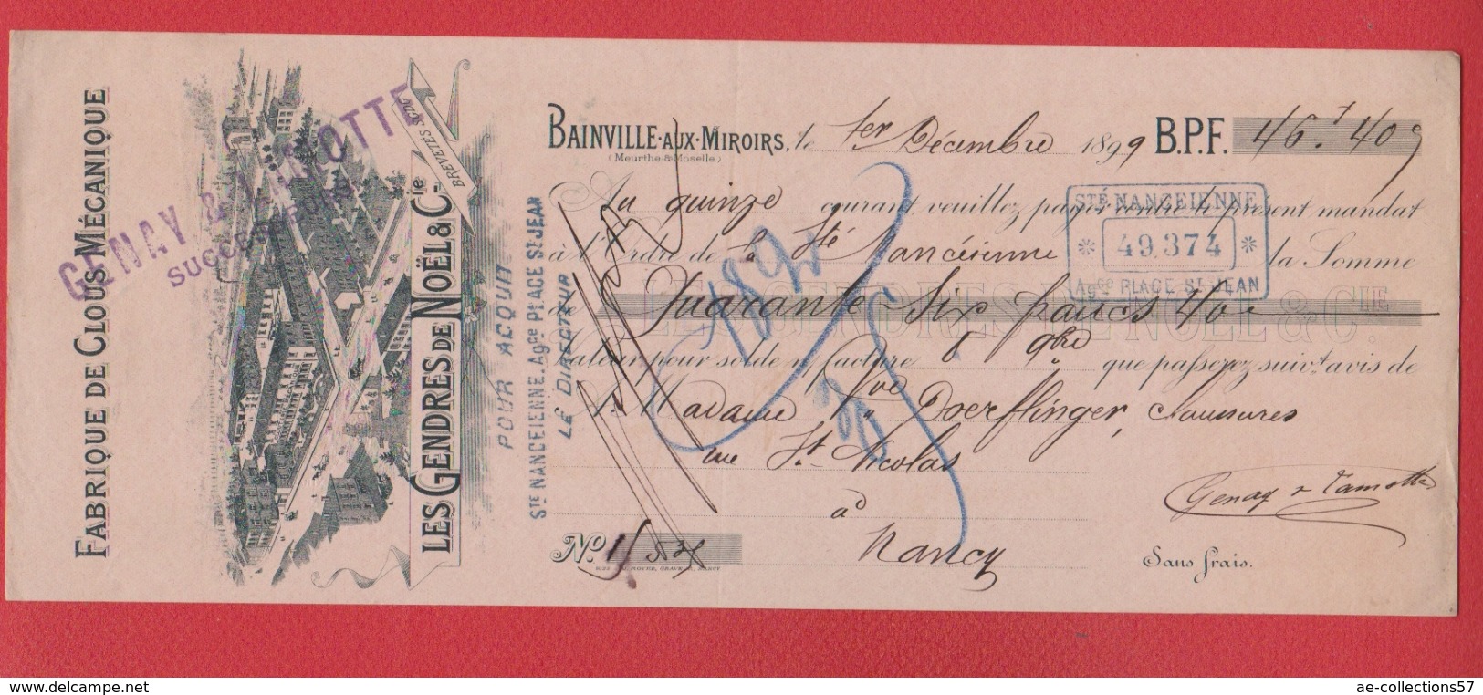 Chèque --  Fabrique De Clous Mécanique  --  Bainville Aux Miroirs  --  1899 - Cheques & Traveler's Cheques