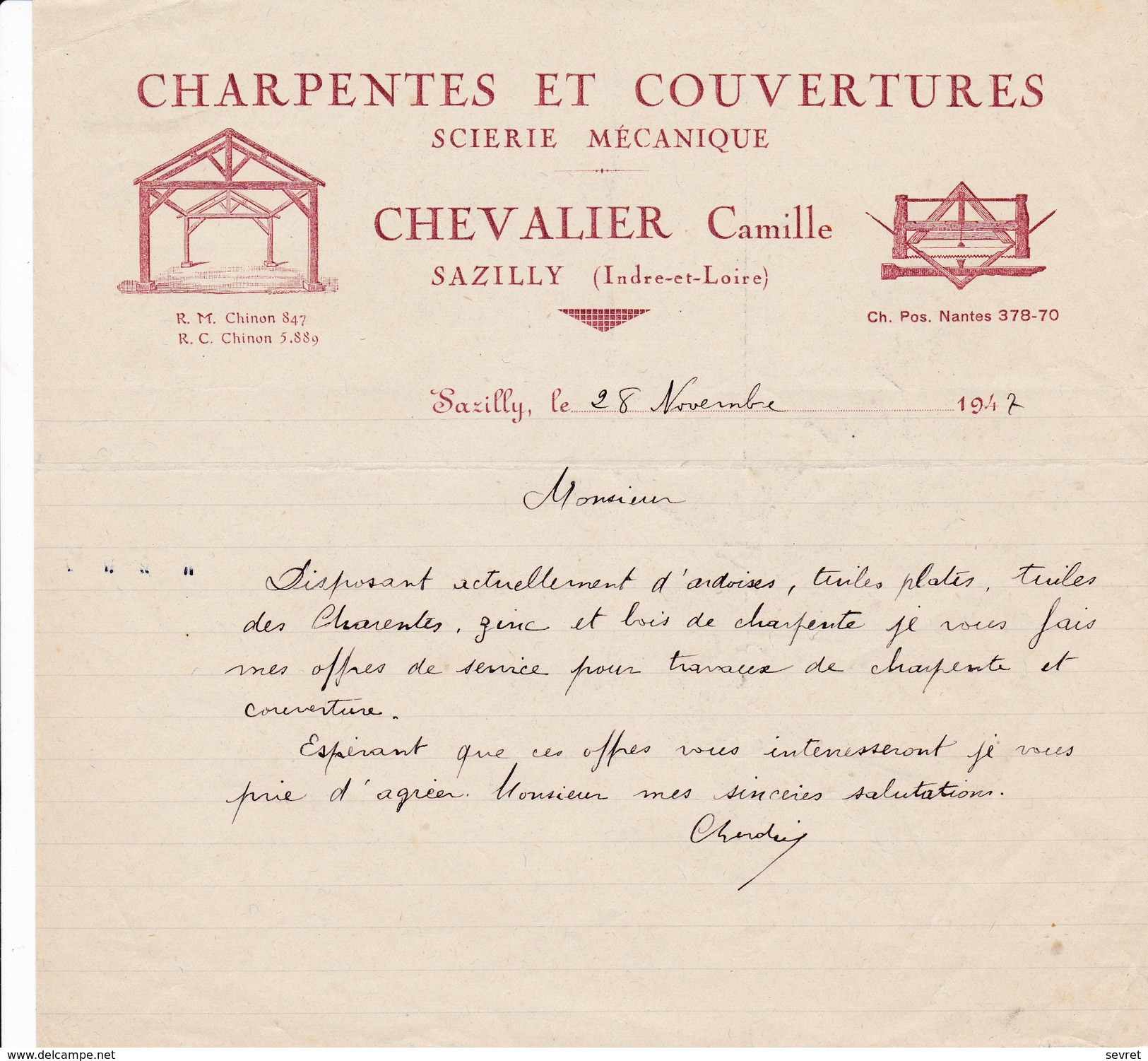 SAZILLY  Indre Et Loire  CHEVALIER Camille  Charpentes Et Couvertures.     Beau Document Format  21x20 - Agricoltura