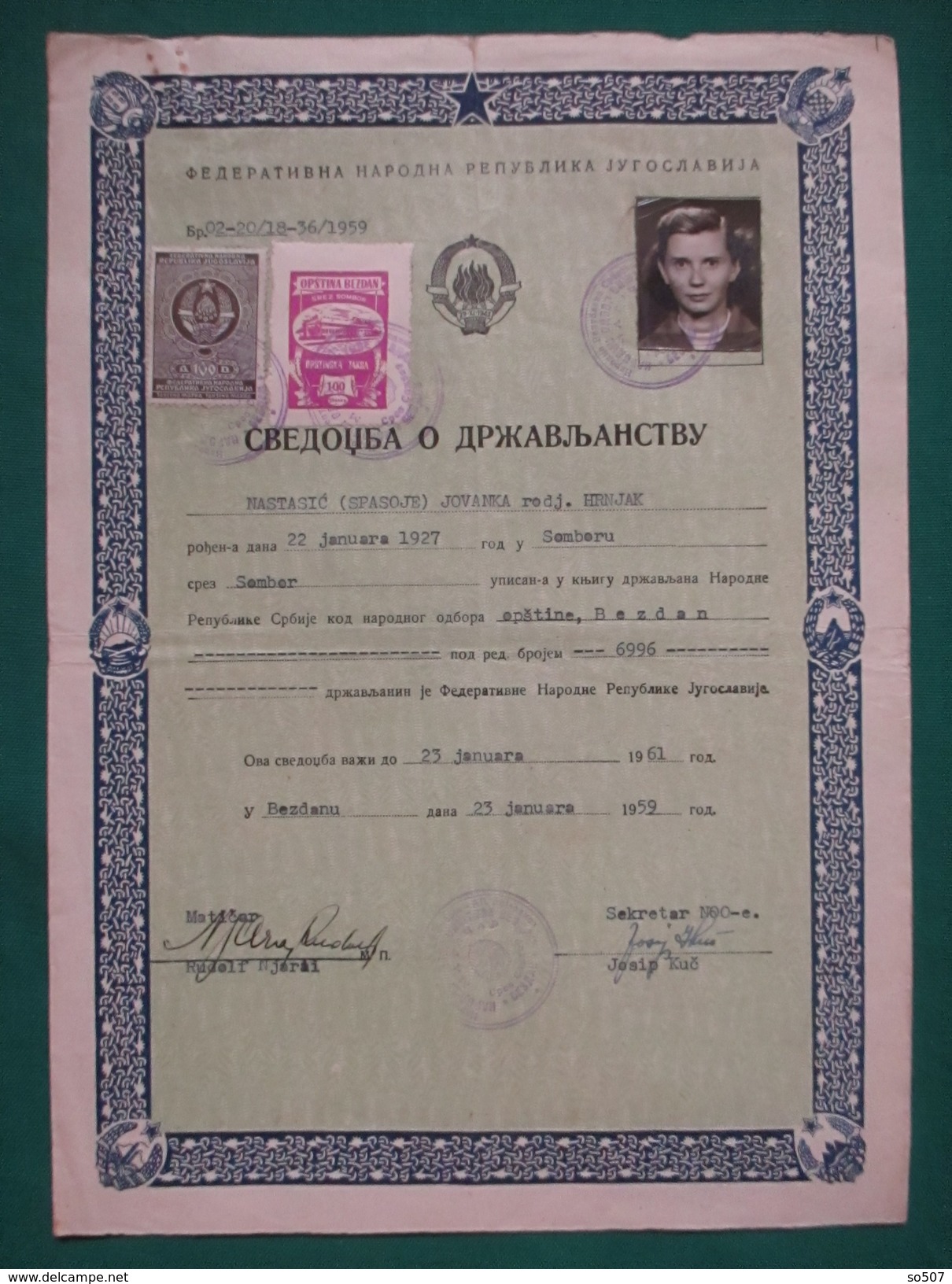 Document,Certificate Of Yugoslavia,FNRJ, Citizenship 1959,Revenue Stamp - Historical Documents
