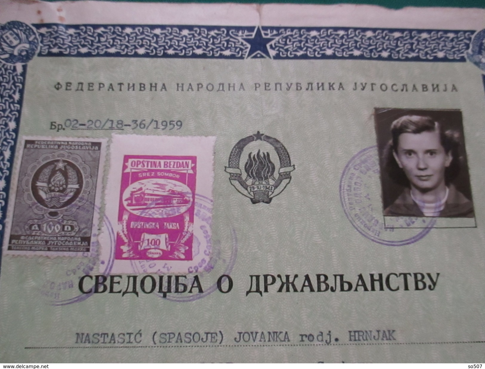 Document,Certificate Of Yugoslavia,FNRJ, Citizenship 1959,Revenue Stamp - Historical Documents