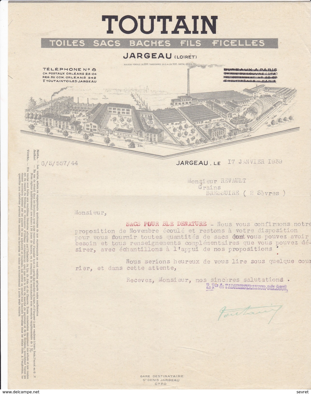 JARGEAU  Loiret .  TOUTAIN  Toiles SAcs Baches Fils Ficelles   Beau Document Format  21x29 - Agriculture