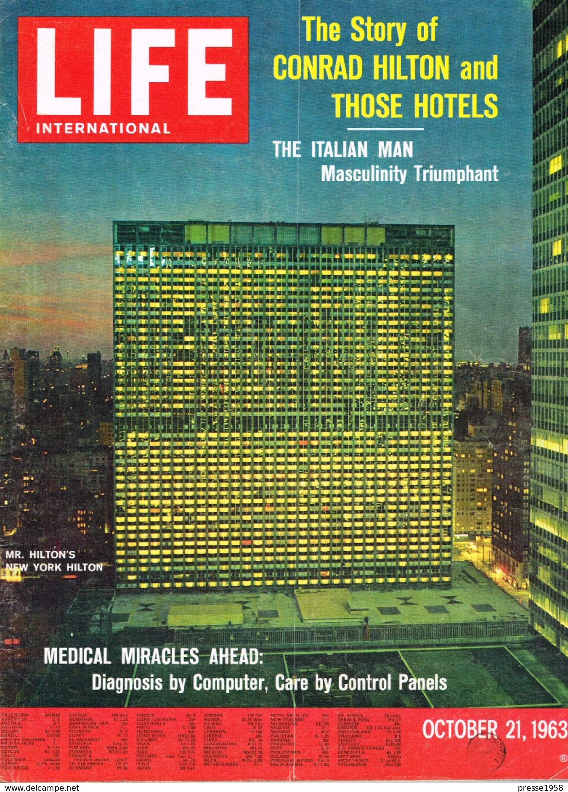 LIFE International VOL.35 N°8 OCTOBER 21, 1963 MENSA - GERMANY - SYNCOM - GREECE - ITALIAN MAN - HILTON - MEDECINE - Autres & Non Classés