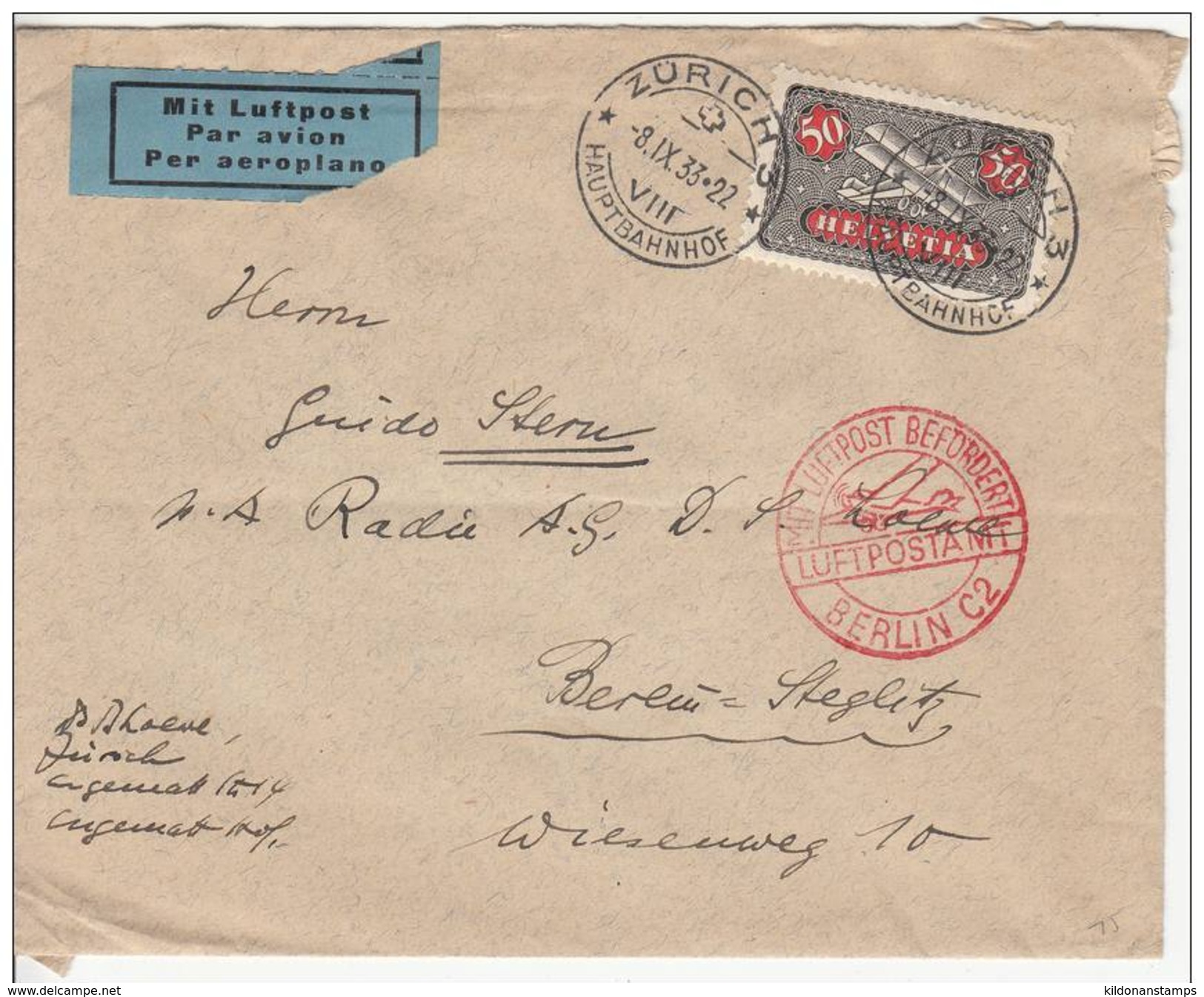Switzerland 1933 Air Mail Cover, Sc# C9 - Other & Unclassified