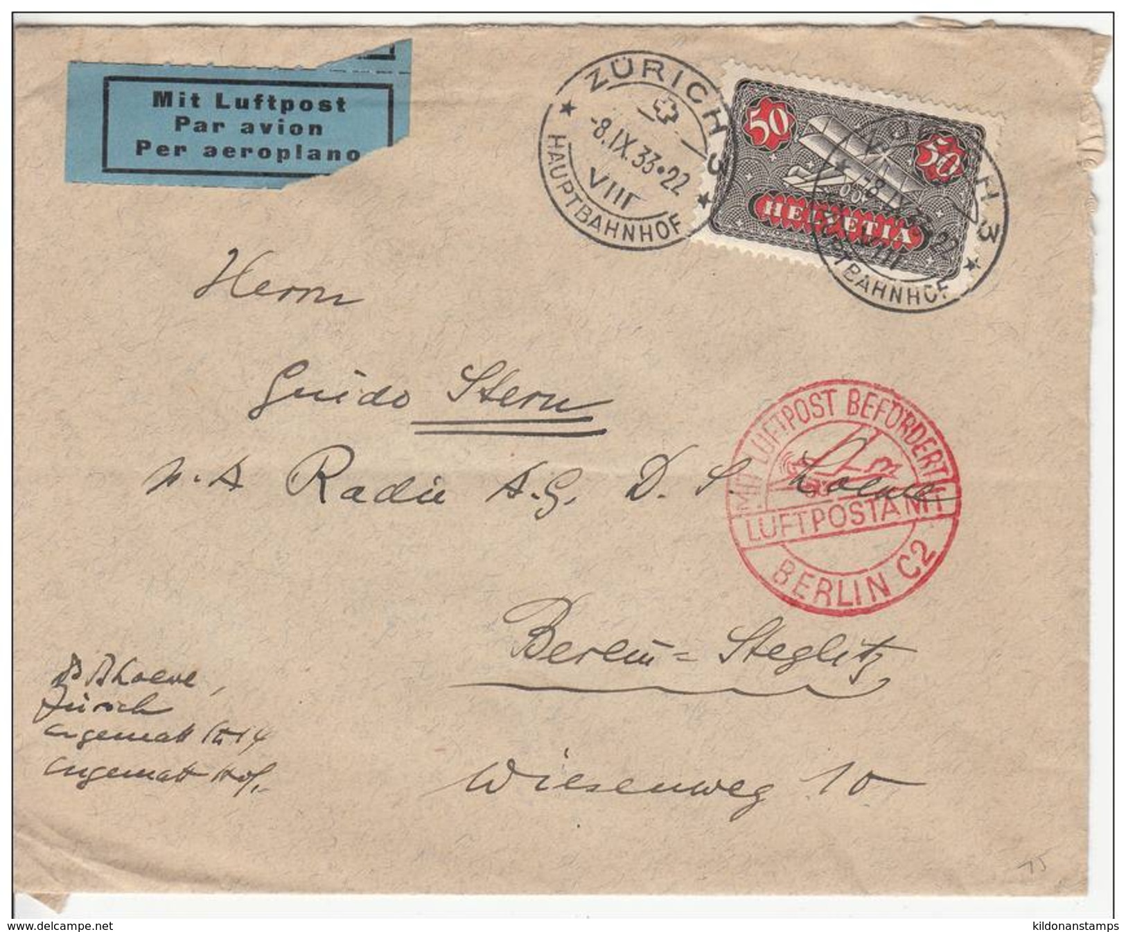 Switzerland 1933 Air Mail Cover, Sc# C9 - Autres & Non Classés