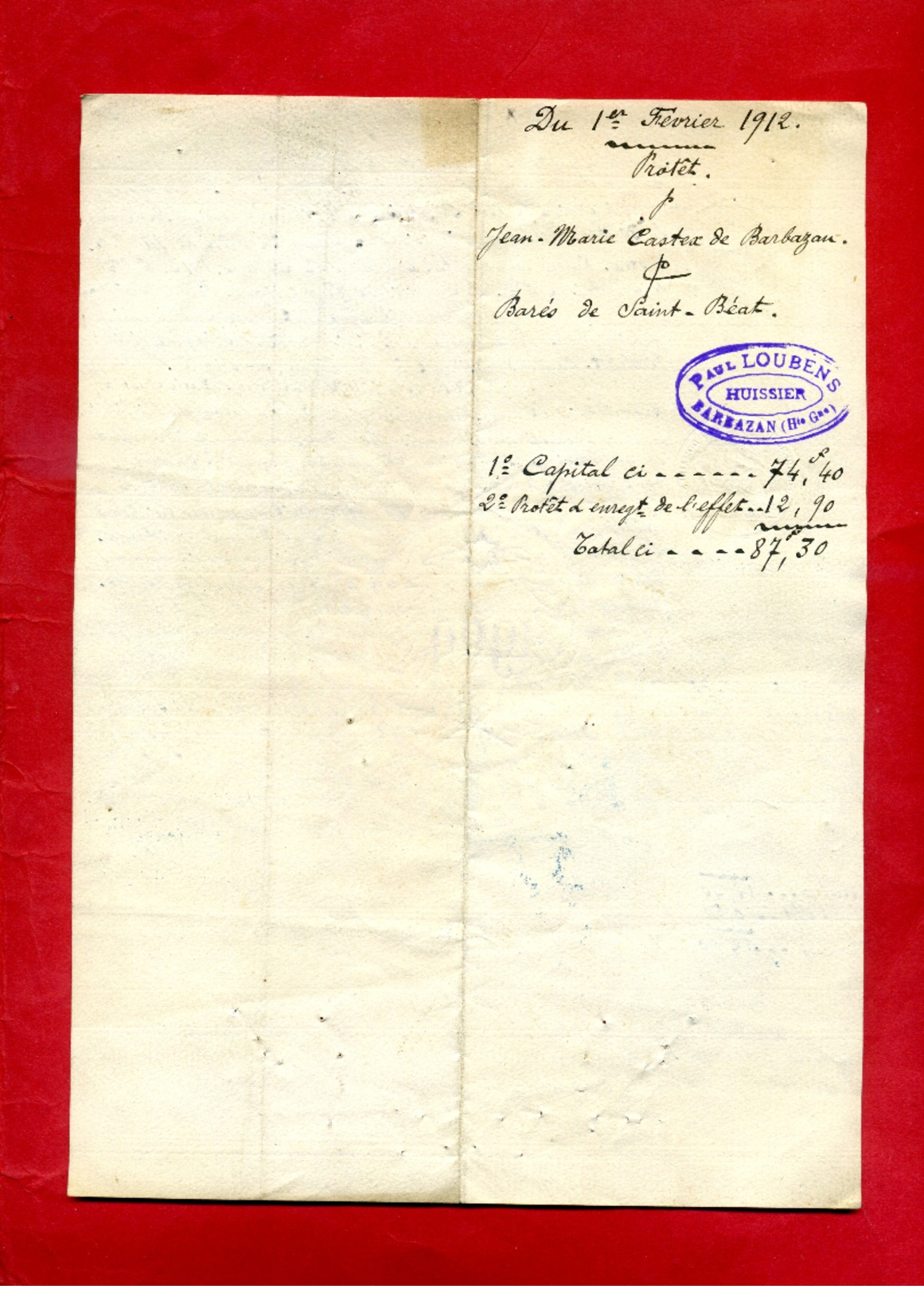 Facture Le 28/10/1911  Paul Loubens Barbazan à Bares St Beat 1 Timbre Fiscal  De Copies   Dossier Factures 2 - Autres & Non Classés