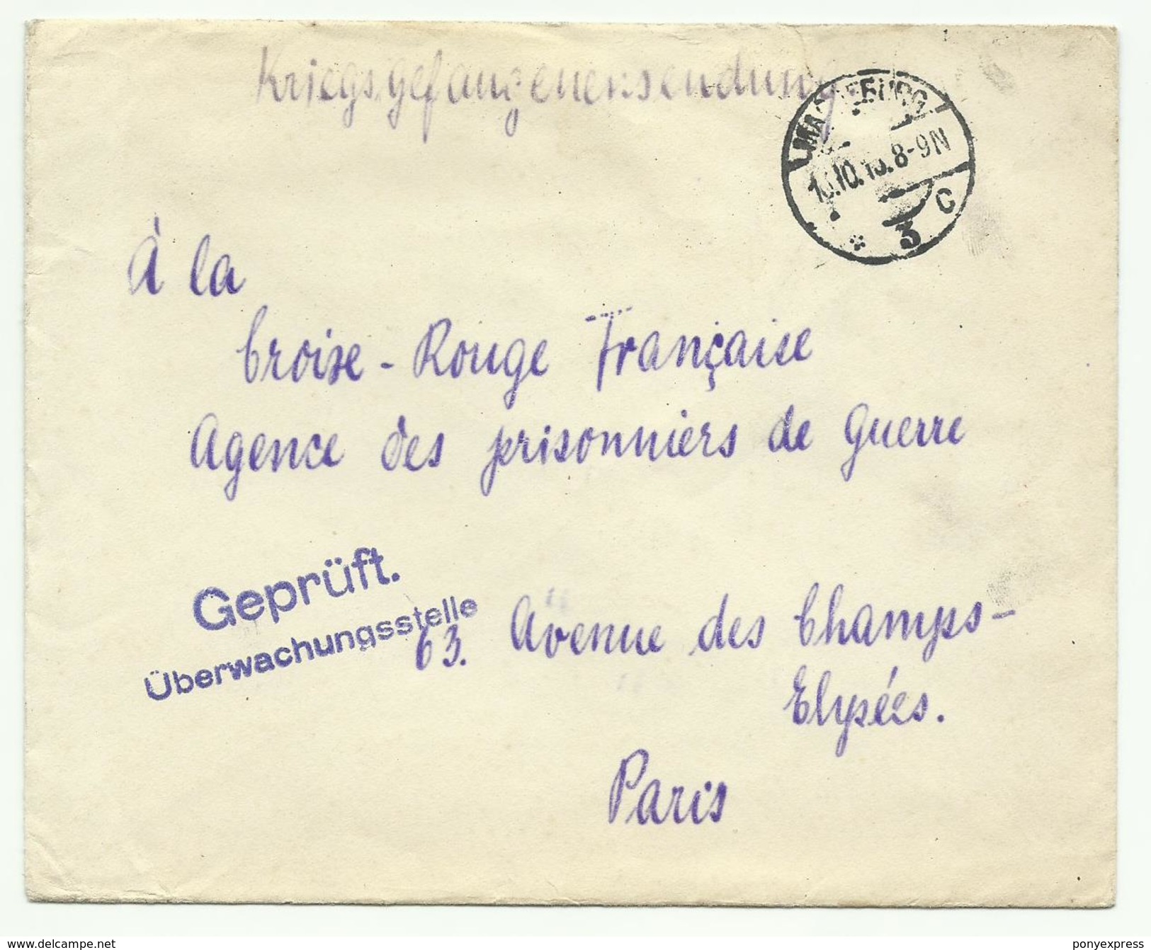 Guerre 14-18 Roten Kreuz De Magdeburg, Pour Paris, Agence Des Prisonniers De Guerre - Lettres & Documents