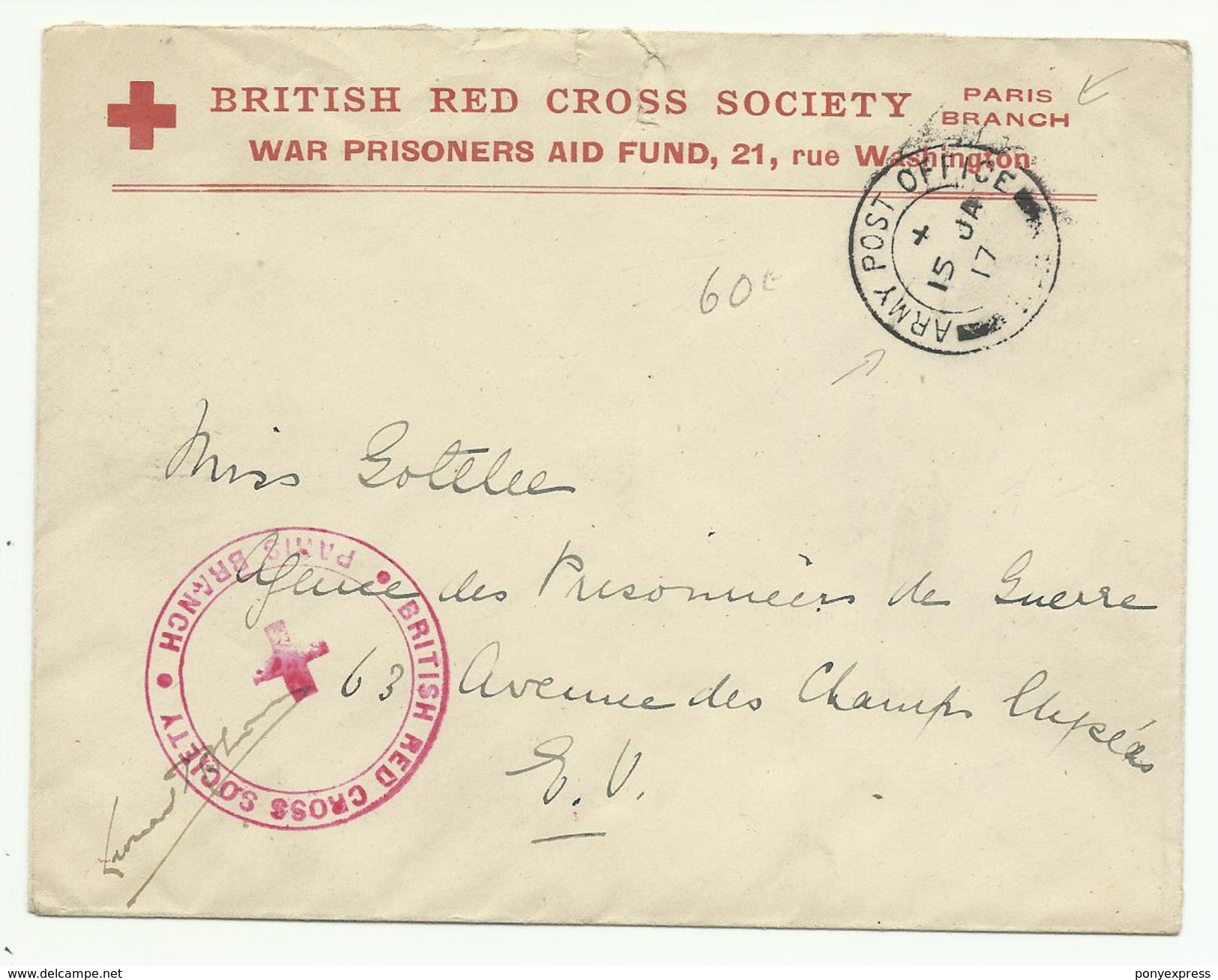 British Red Cross Paris Branch + Cachet Army Post Office 15 Ja 17 - Marcofilie