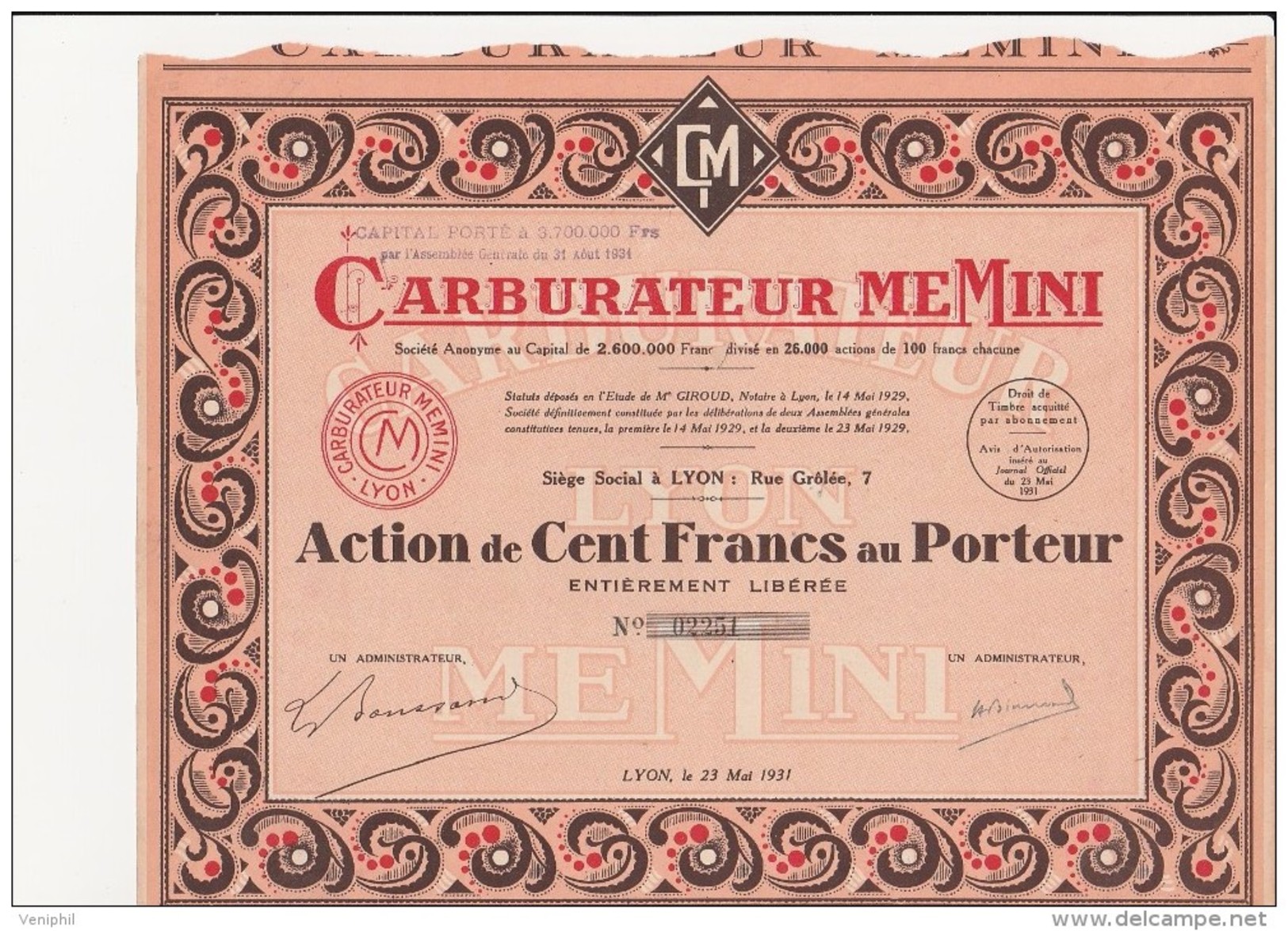 ACTION DE 100 FRANCS -CARBURATEUR MEMINI  -ANNEE 1931 - - Automobile