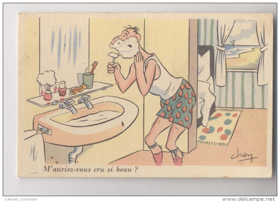 Illustrateur Signé CHEN - 1932 -  RASAGE - Rasoir - Barbe - Lavabo -  Homme En Caleçon - Autres & Non Classés