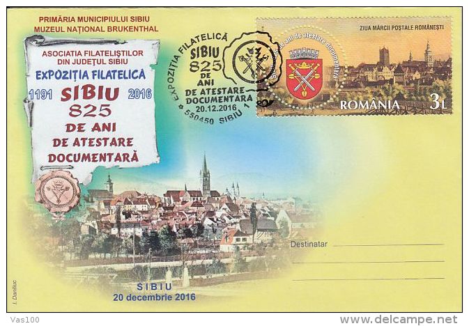 SIBIU TOWN ANNIVERSARY, PHILATELIC EXHIBITION, SPECIAL COVER, 2016, ROMANIA - Covers & Documents