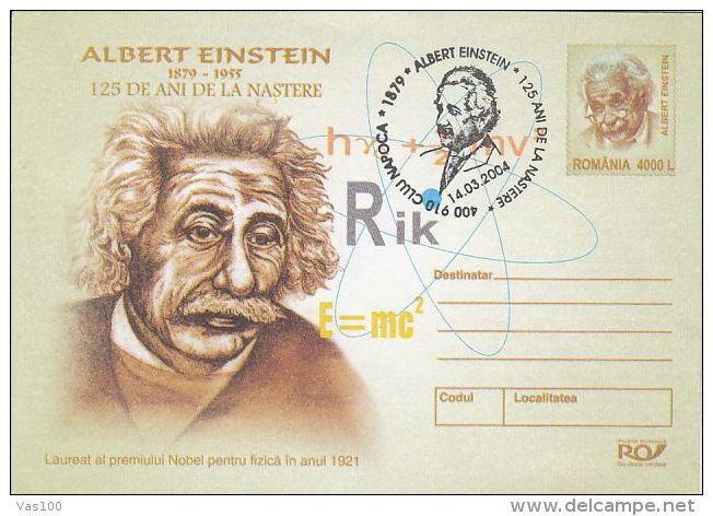 ALBERT EINSTEIN, COVER STATIONERY, ENTIER POSTAL, 2004, ROMANIA - Albert Einstein