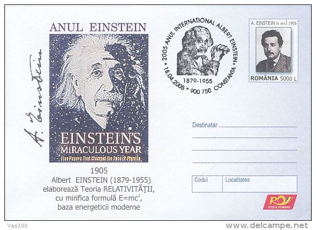 ALBERT EINSTEIN, COVER STATIONERY, ENTIER POSTAL, 2005, ROMANIA - Albert Einstein