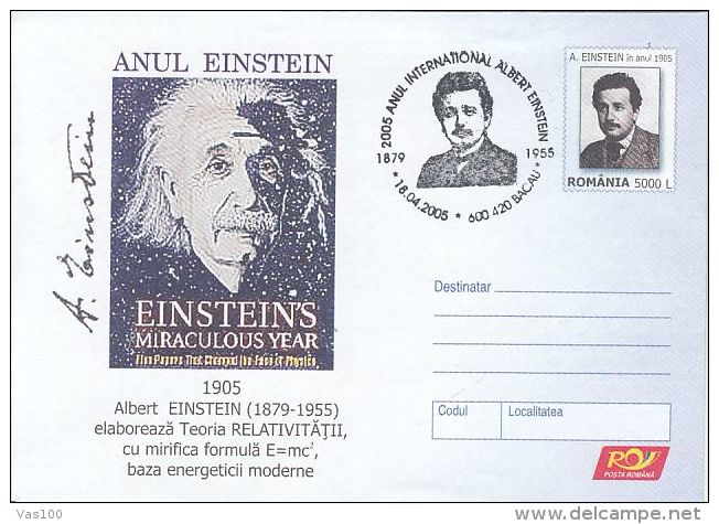 ALBERT EINSTEIN, COVER STATIONERY, ENTIER POSTAL, 2005, ROMANIA - Albert Einstein