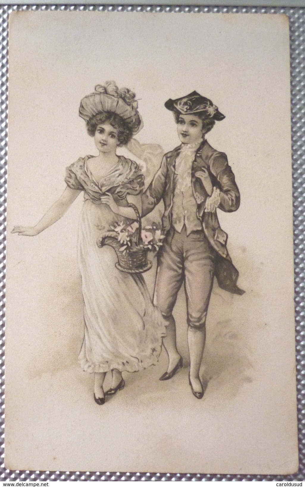 Cpa Litho Precurseur Illustrateur Style Vienne COUPLE Elegant Femme Marquise Panier Chapeau Homme Marquis Habit Jabot - Vienne