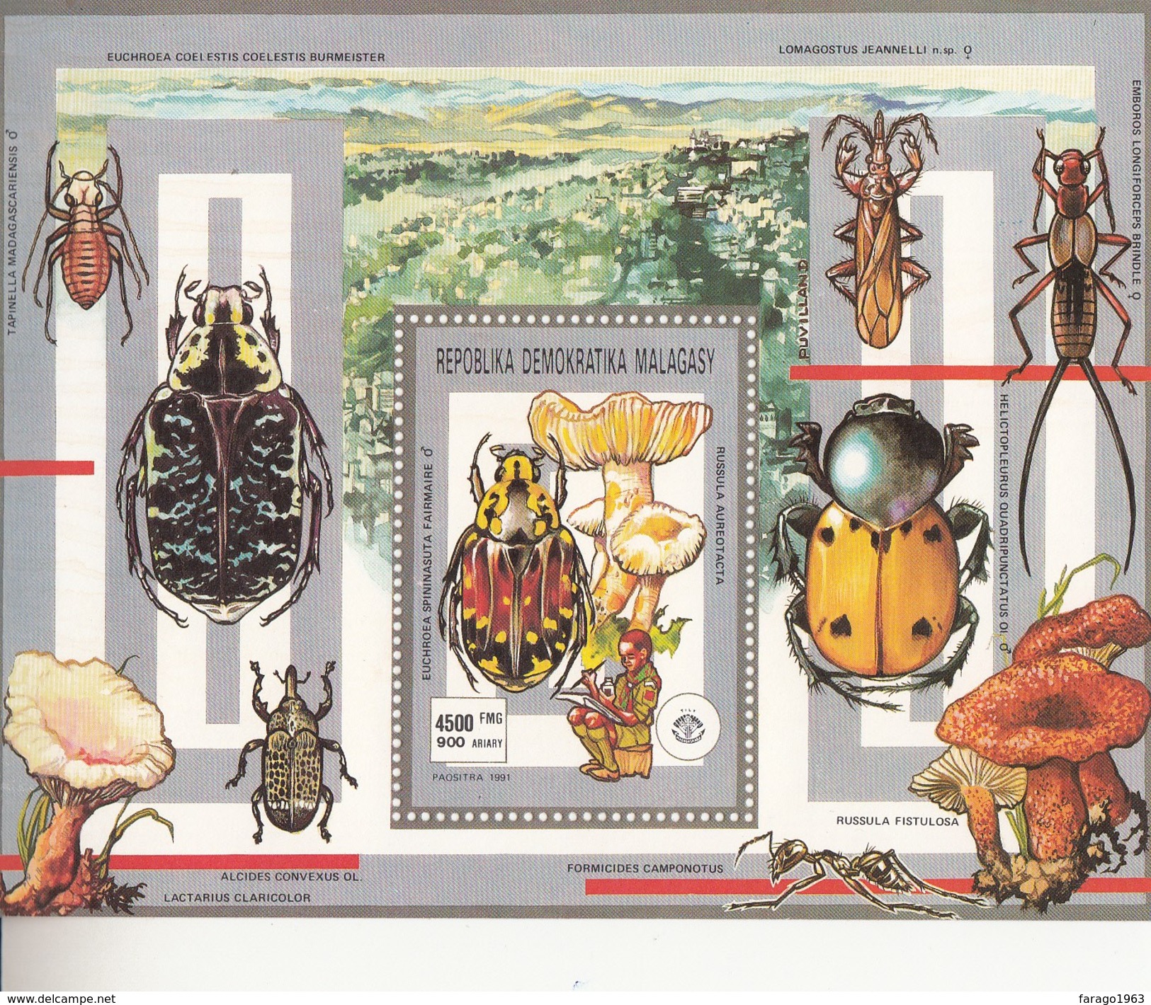 1991 Madagascar Scouts Insects Mushrooms Fungi Souvenir Sheet  MNH - Madagascar (1960-...)