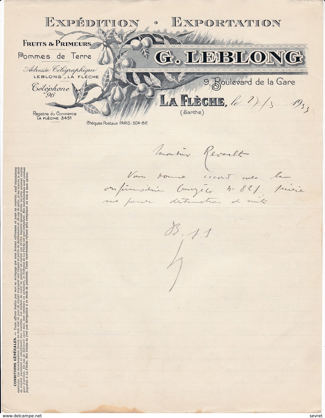 LA FLECHE  Sarthe .G. LEBLONG  9 Bd De La Gare.  . Fruits Et Primeurs    Beau Document Format  21x21 - Agricoltura