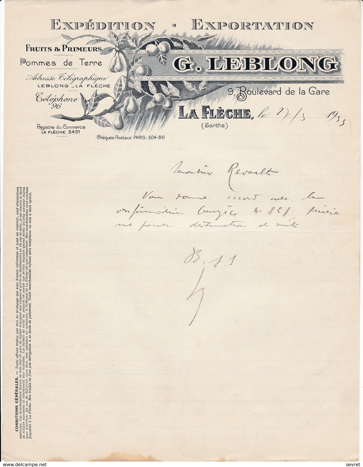 LA FLECHE  Sarthe .G. LEBLONG  9 Bd De La Gare.  . Fruits Et Primeurs    Beau Document Format  21x21 - Agricultura