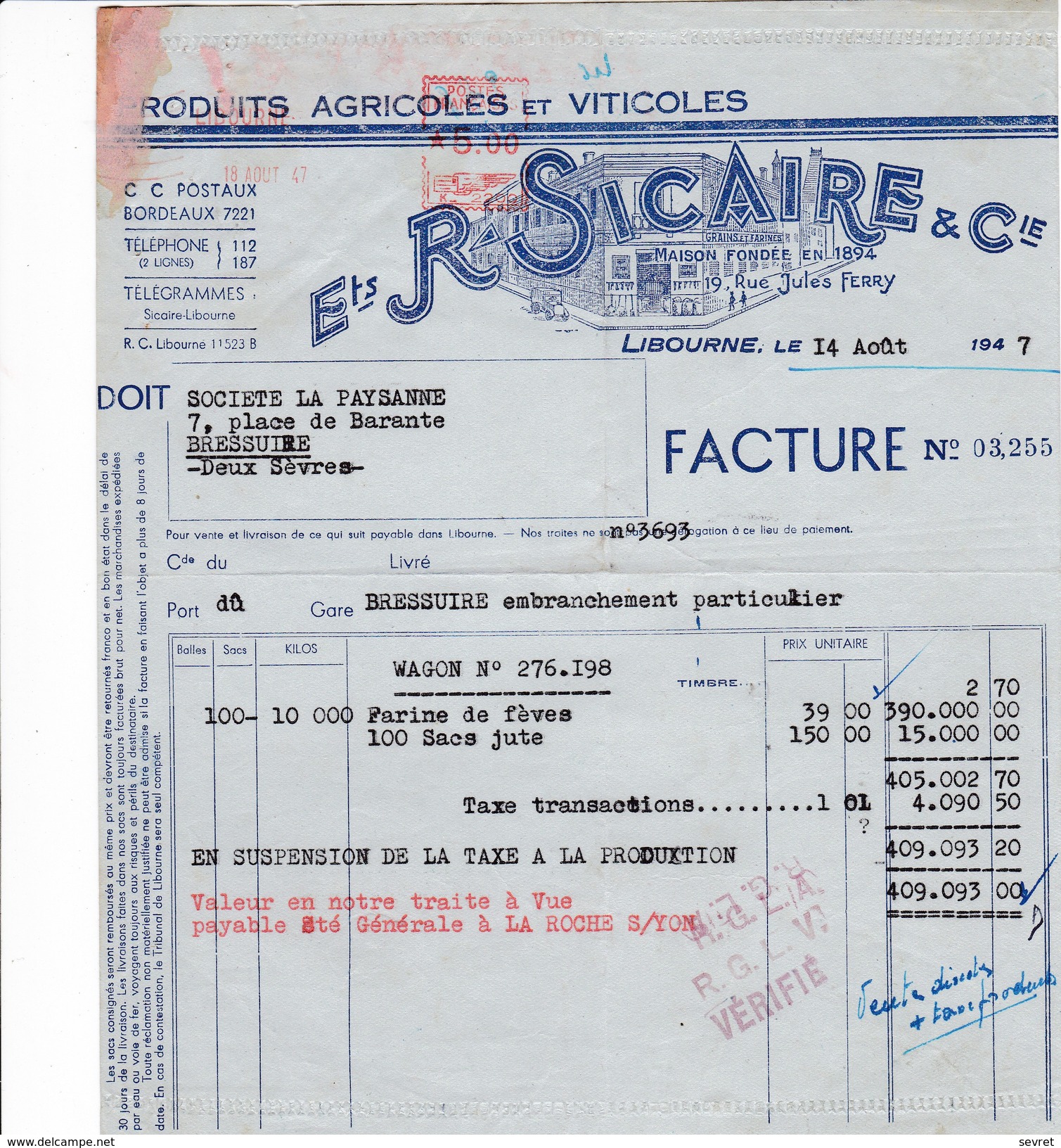 LIBOURNE . Gironde . Ets R. SICAIRE 19 Rue Jules Ferry. Produits Agricoles Et Viticoles.  Beau Document Format  21x18 - Landwirtschaft