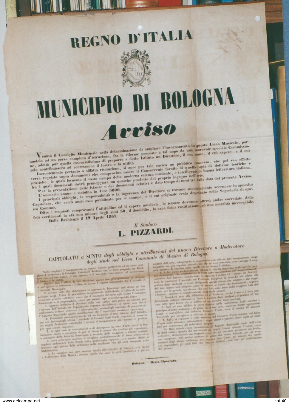 BOLOGNA 1861   AVVISO DI CONCORSO  PER DIRETTORE DEL LICEO MUSICALE MANIFESTO (47X66) REGIA TIPOGRAFIA - Posters