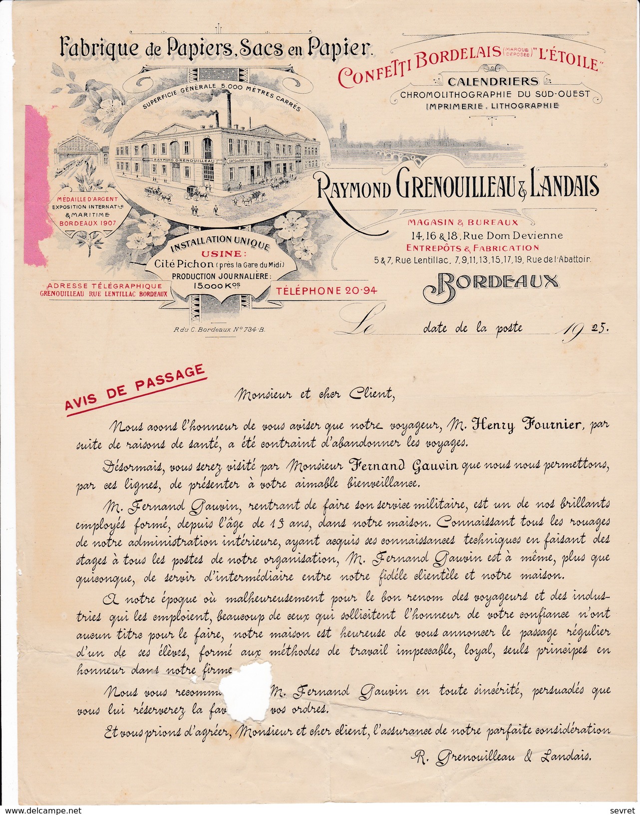 BORDEAUX  . Gironde . Raymond  GRENOUILLEAU .  Fabrique  De Papiers Et De Sacs En Papier  Beau Document Format  21x29 - Druck & Papierwaren