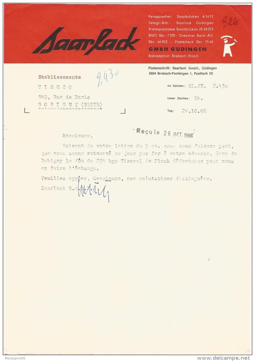 Lettre Dactylographiée De La Société SAARLACK De Brebach Fechingen  Et De 1966 - 1950 - ...
