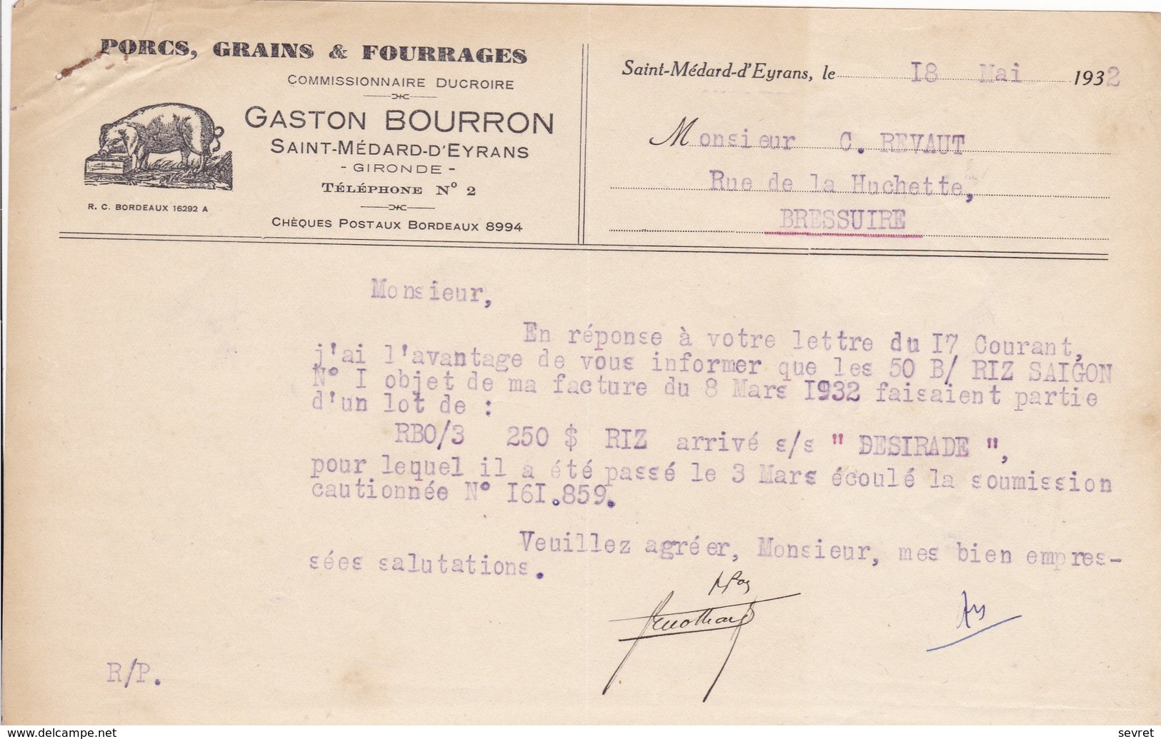 SAINT MEDARD D'EYRANS  . Gironde . Gaston BOURRON   Beau Document Format  21x14 - Agricultura