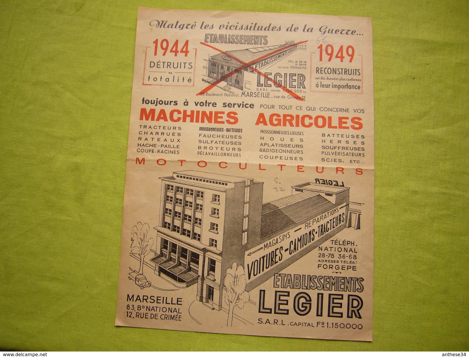 Document Pub 1949 établissements Legier Machines Agricoles à Marseille - Publicités