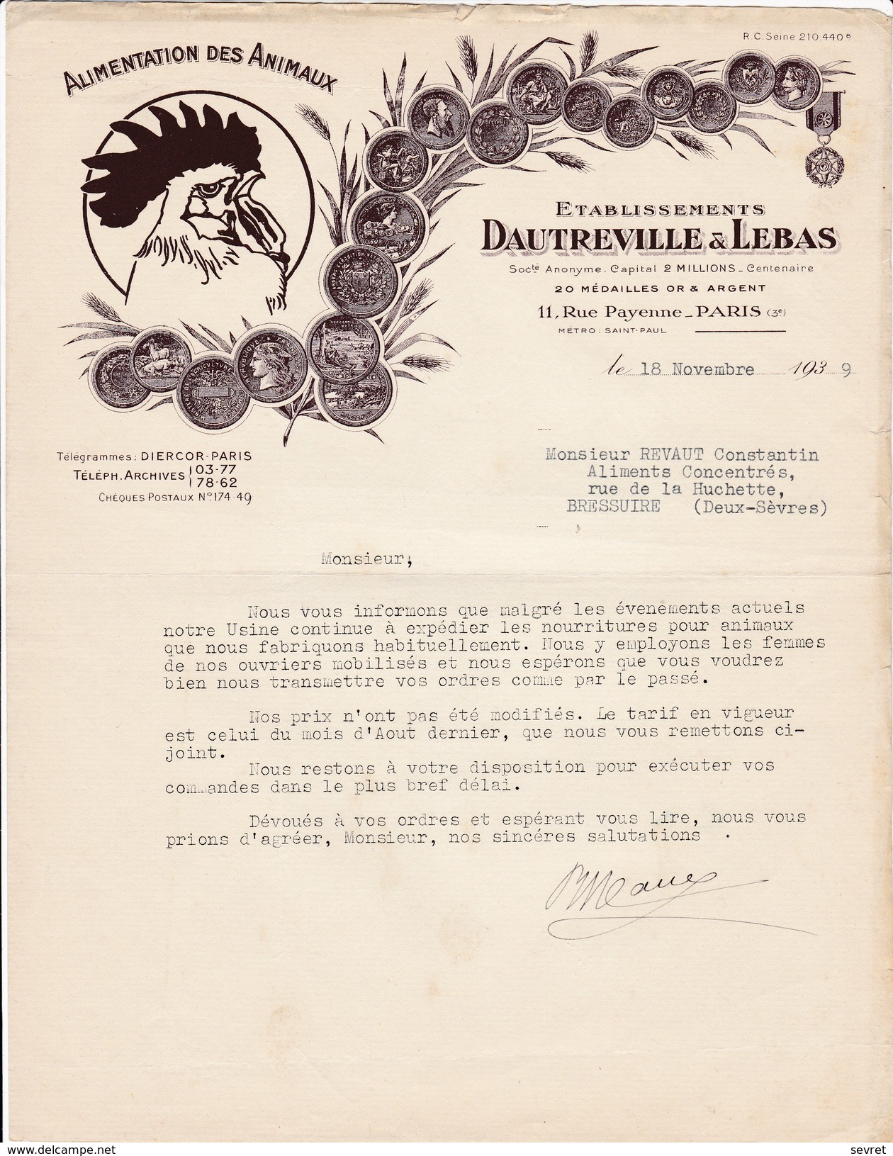 PARIS   - Seine.  Ets DAUTREVILLE LEBAS -  11 Rue  Payenne  Alimentation Des Animaux.  Beau Document Format  21x29 - Landwirtschaft